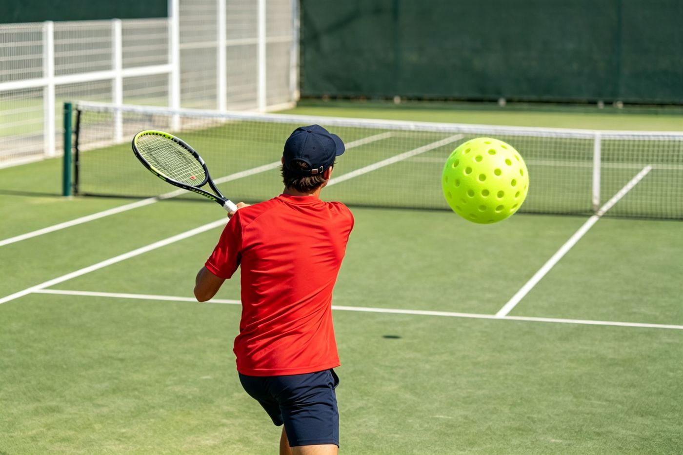 Player hitting a pickleball on an outdoor court wearing RedLake gear