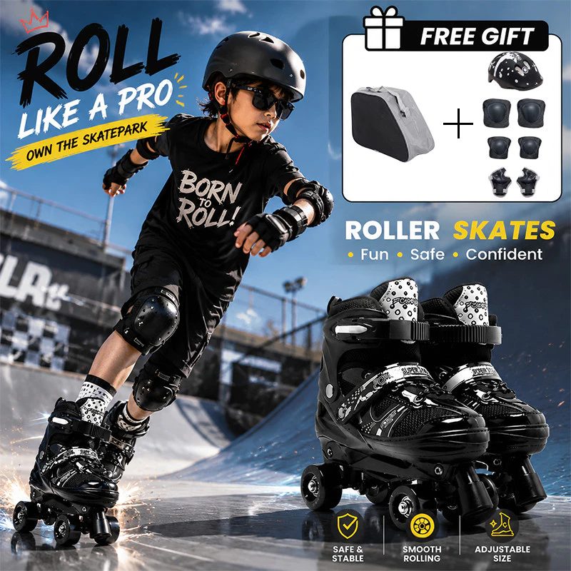 Kids adjustable roller skates with helmet and protective gear set